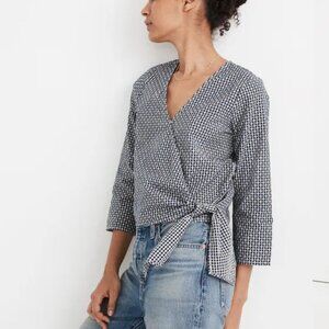 Madewell Women's Size XL Blue White Gingham Textured Cotton Wrap Top